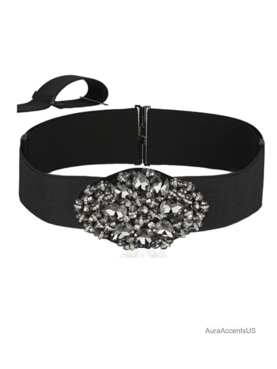 Accessories - Stretchy Rhinestone Beaded Belt for Women, Adjustable Elastic Dress Belt, Wide